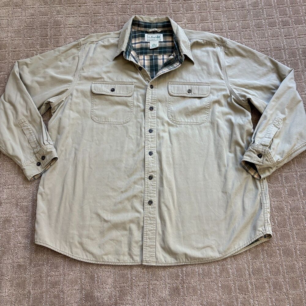 LL Bean Flannel Lined Hurricane Shirt Men XXL Beige Barn Chore Outdoor Grunge